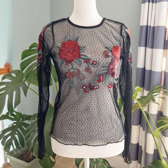Black mesh long sleeve top with red rose embroidery from American Eagle. Size s - Picture 7 of 7